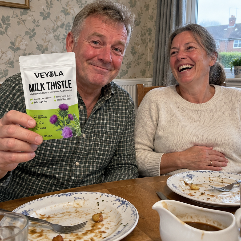 British couple after Sunday dinner holding a pouch of Veyola milk thistle