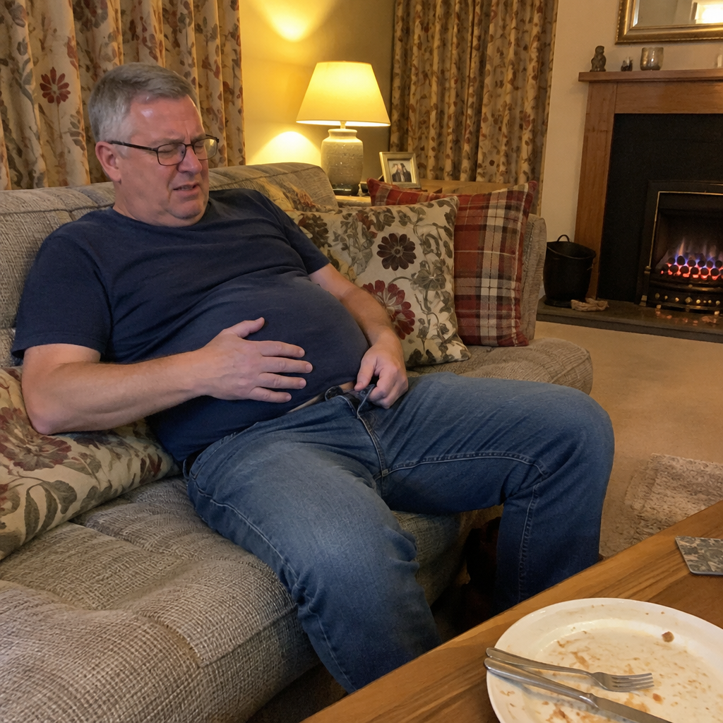 Man on the sofa after dinner undoing the button of his jeans