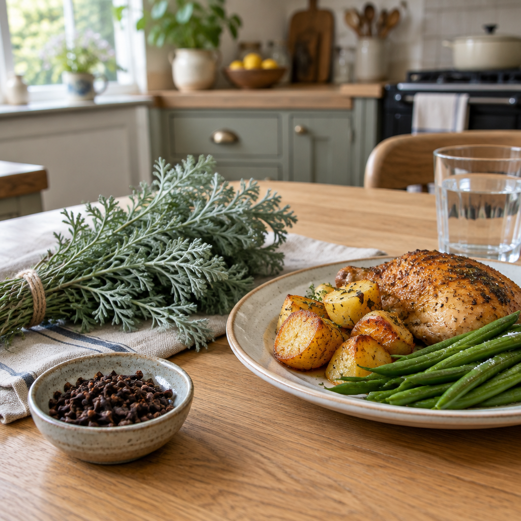 Wormwood sprigs and cloves next to a roast chicken dinner