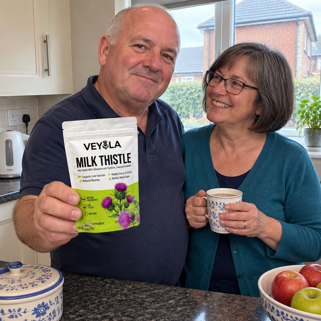 British couple in their fifties in the kitchen with a pouch of Veyola milk thistle