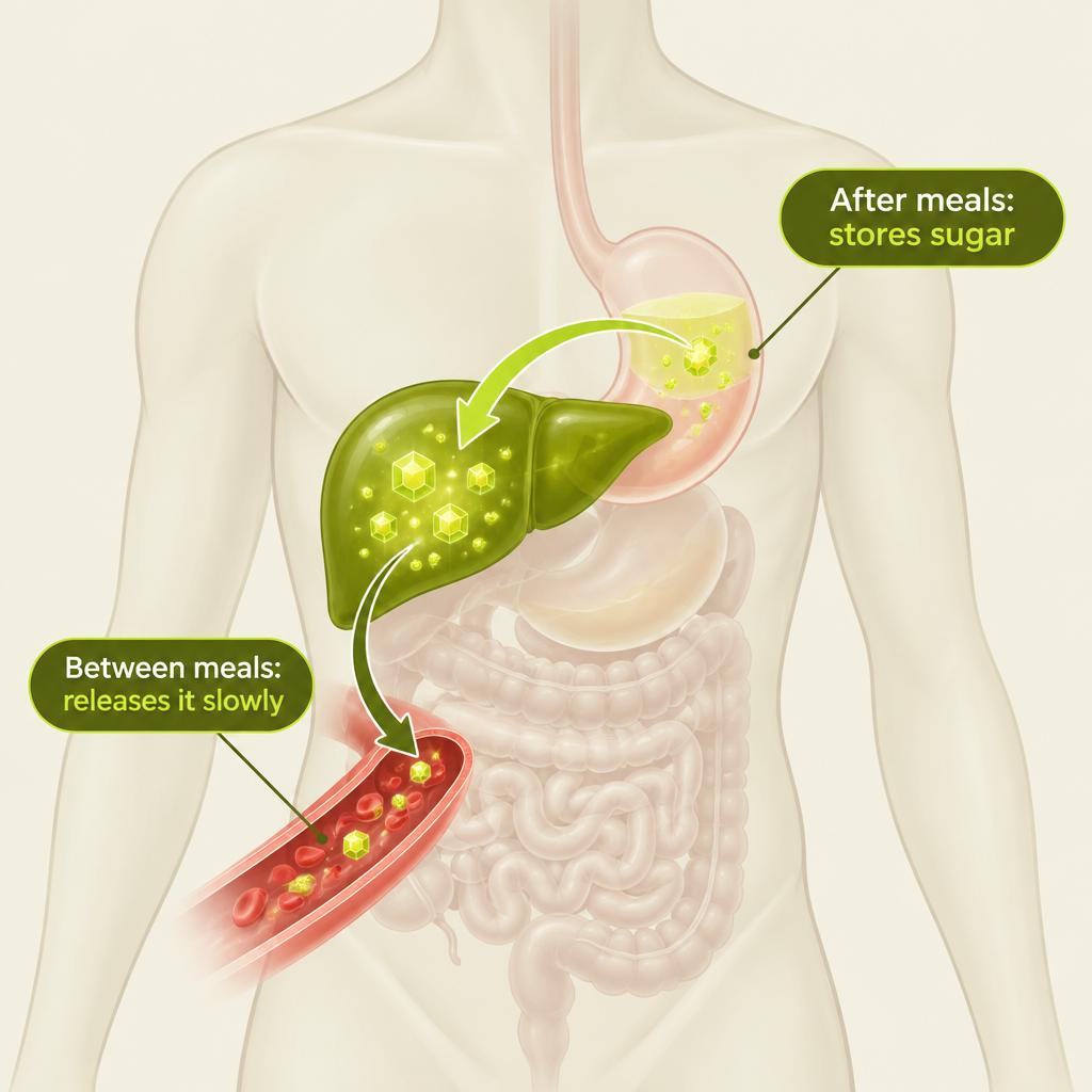 Illustration of the liver storing sugar after meals and releasing it between meals