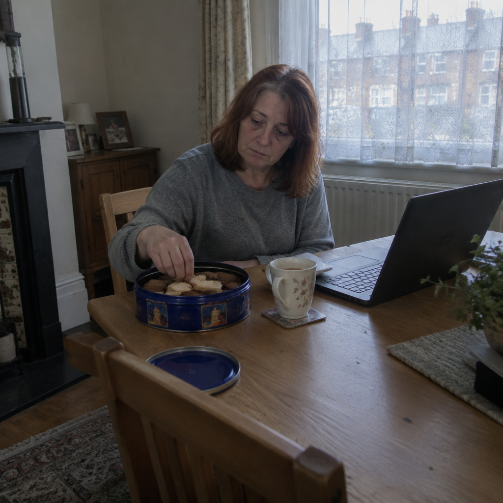 Woman reaching into the biscuit tin at four in the afternoon