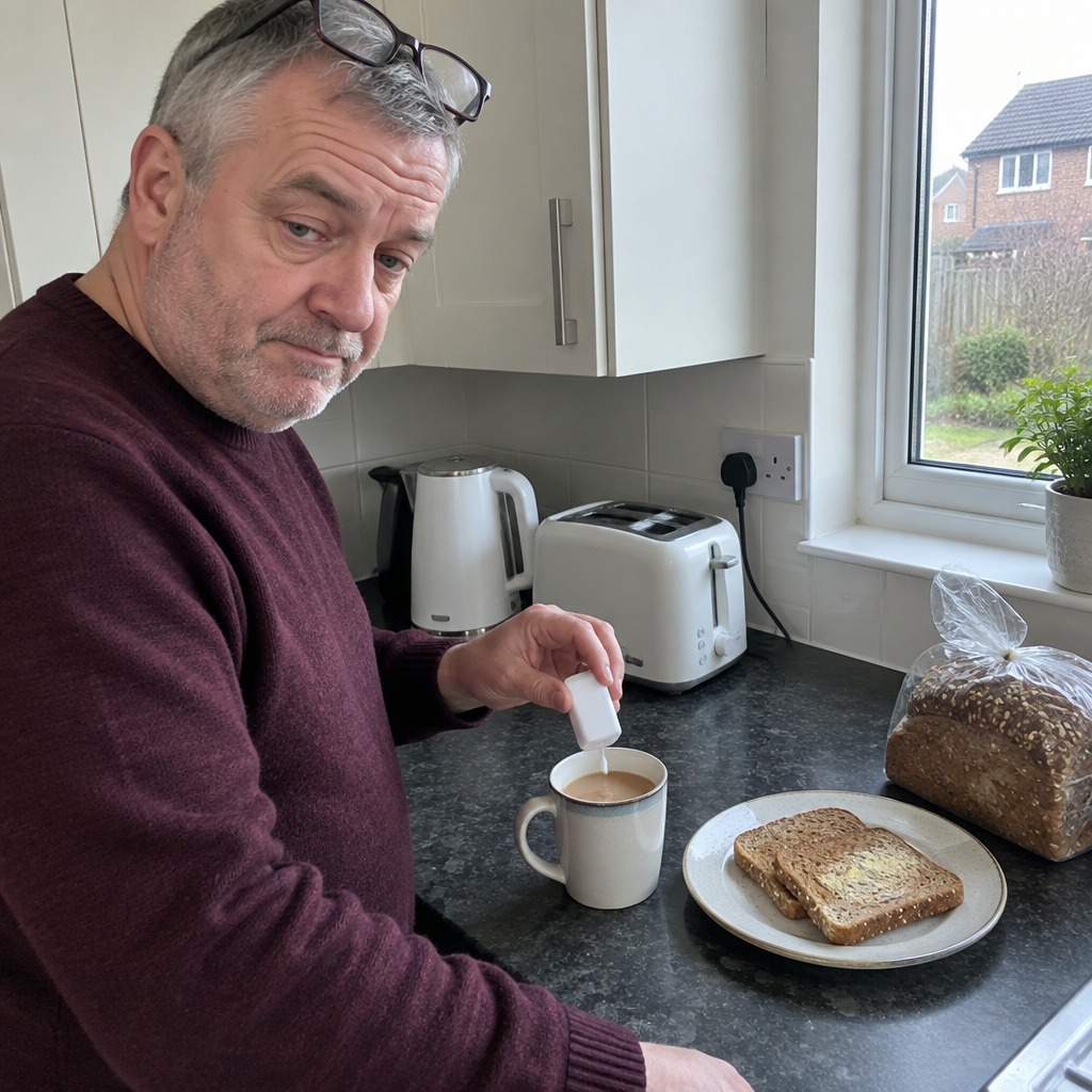 Man adding sweetener to his tea next to wholemeal toast