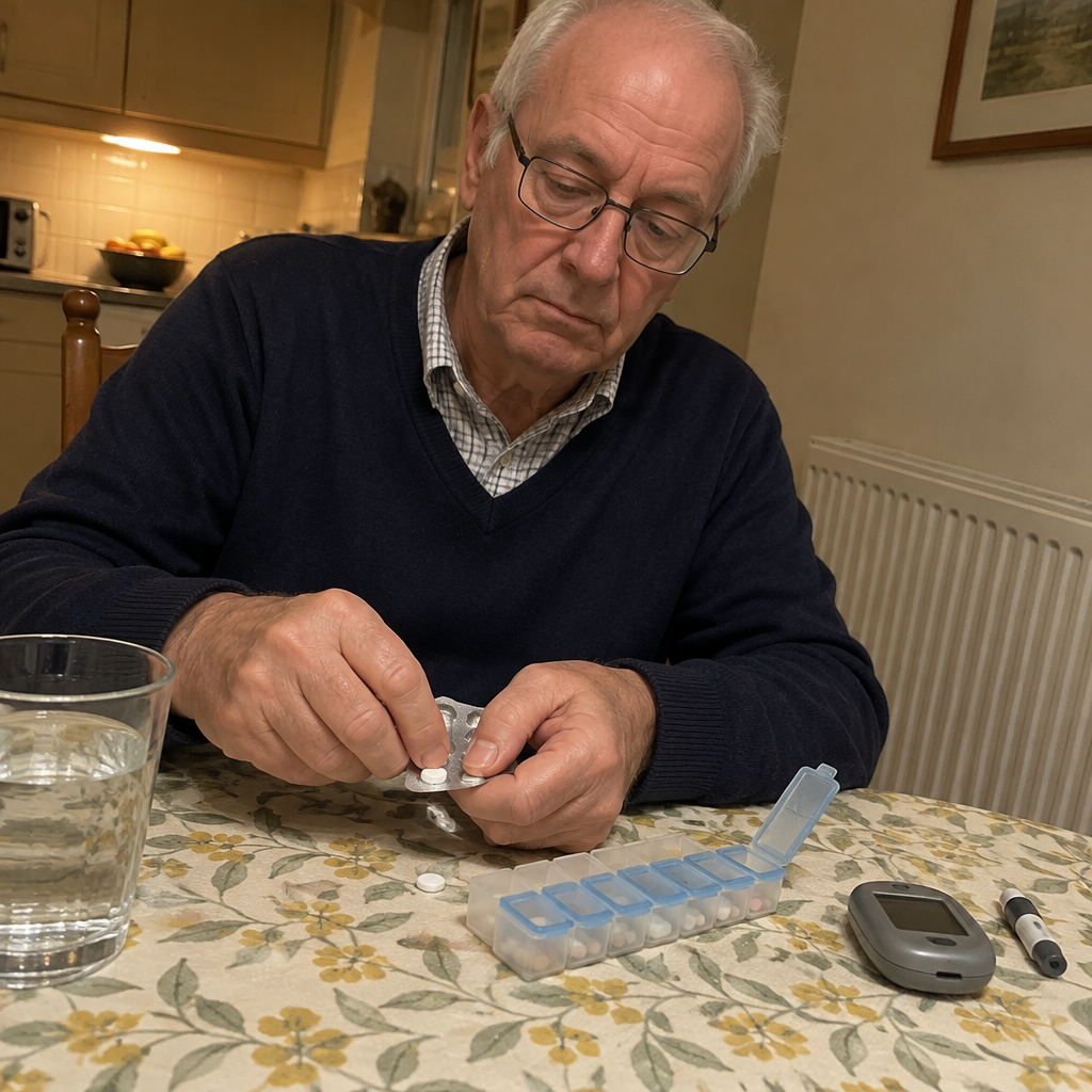 Man taking his tablets at the kitchen table next to a blood glucose meter