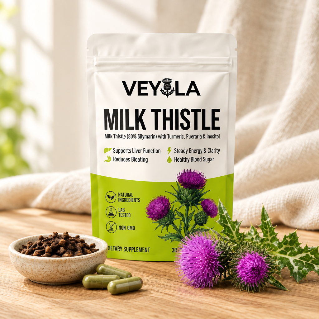 Veyola pouch with olive-green capsules, cloves and milk thistle flowers