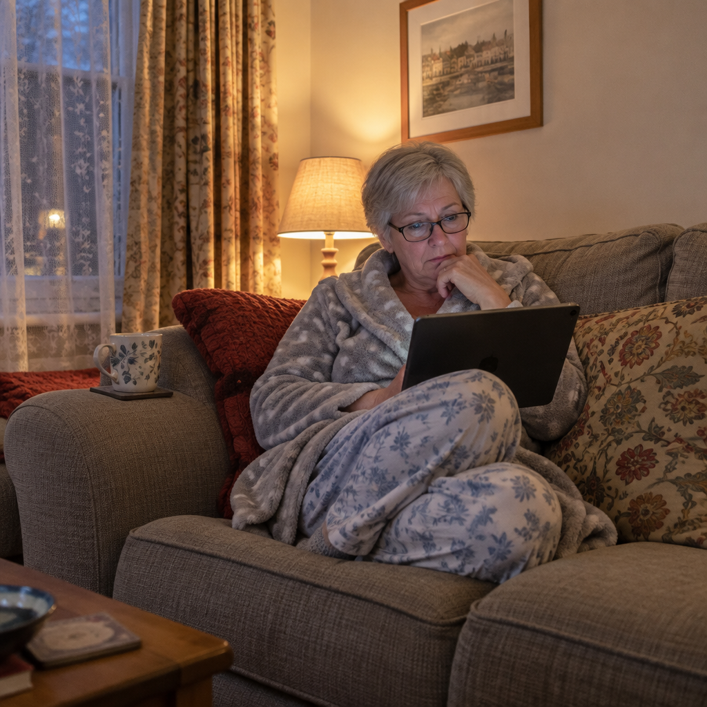 Woman on the sofa in the evening reading a forum on her tablet