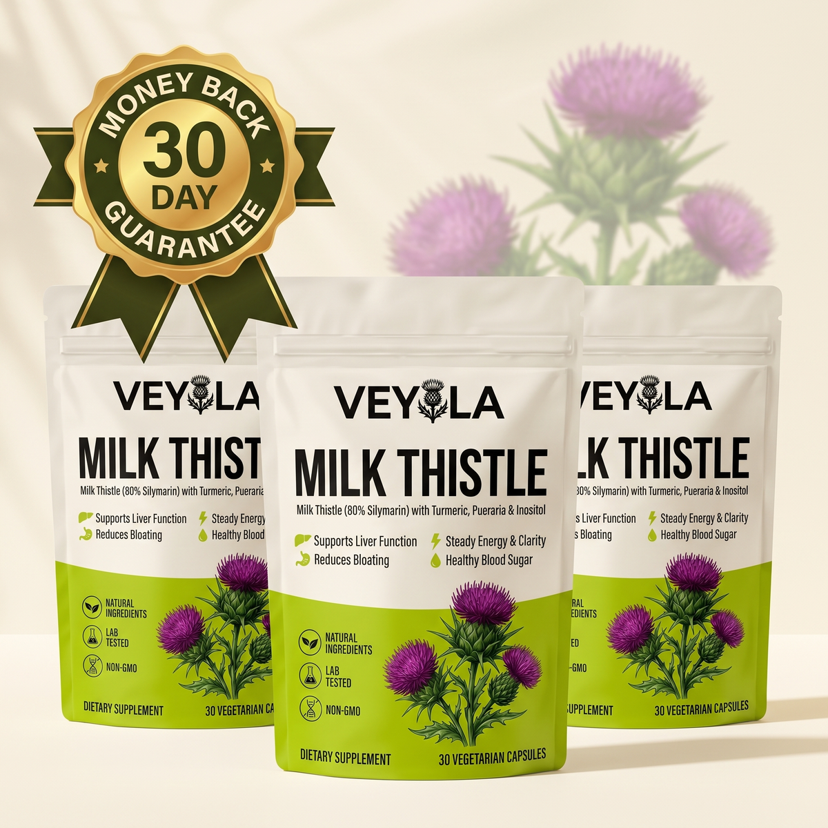 Three Veyola pouches with a 30-day money-back guarantee seal