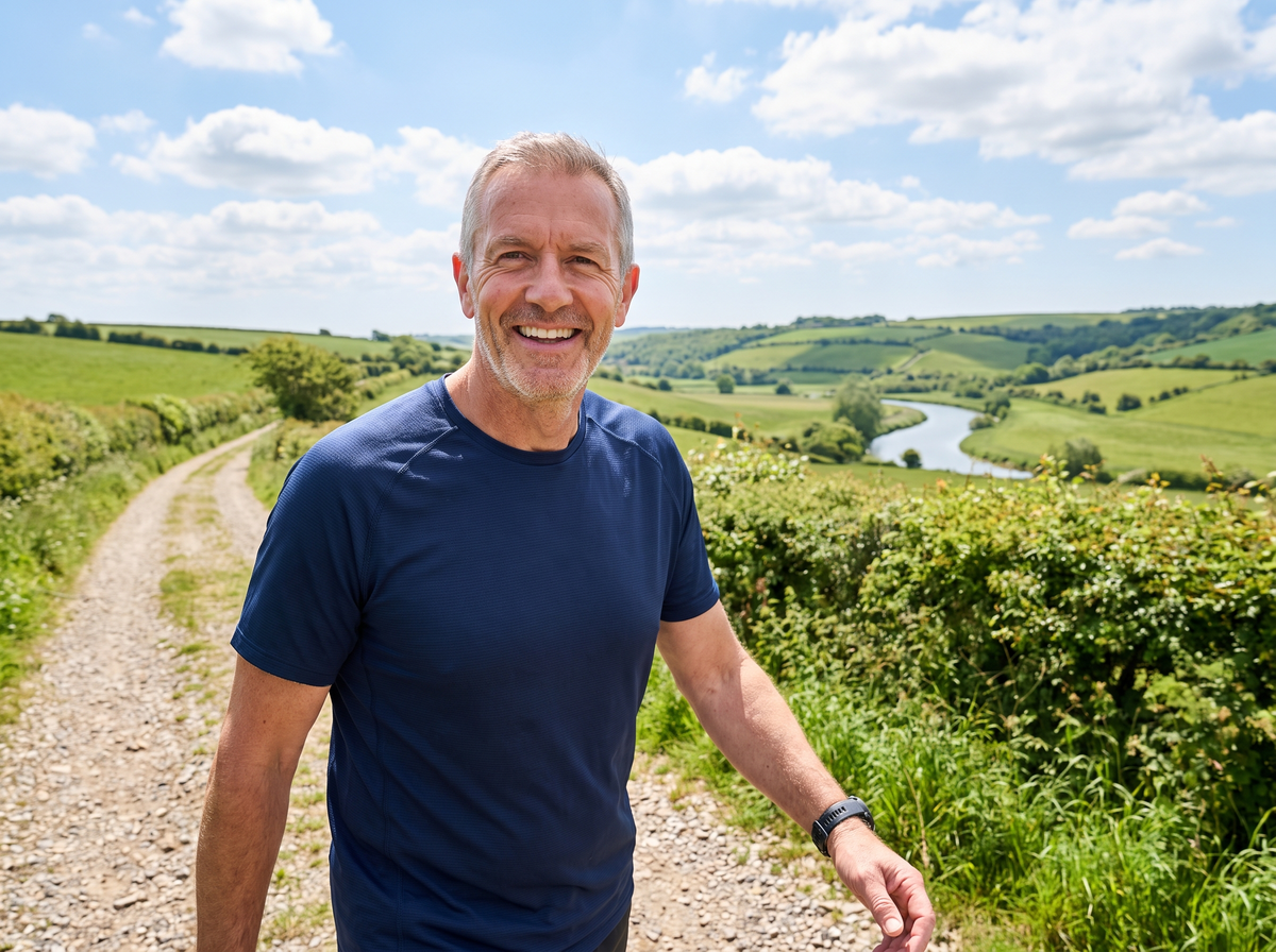 Smiling man in his late fifties walking on a countryside footpath