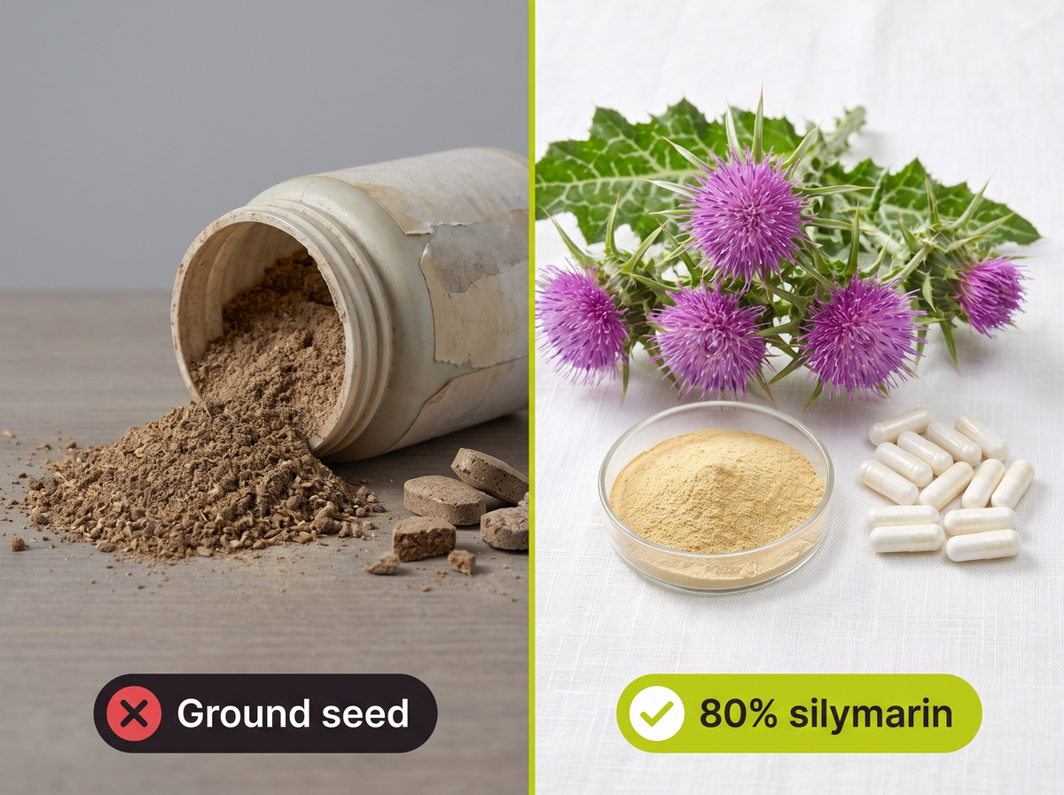 Ground milk thistle seed from an old tub versus fresh milk thistle with standardised 80% silymarin extract