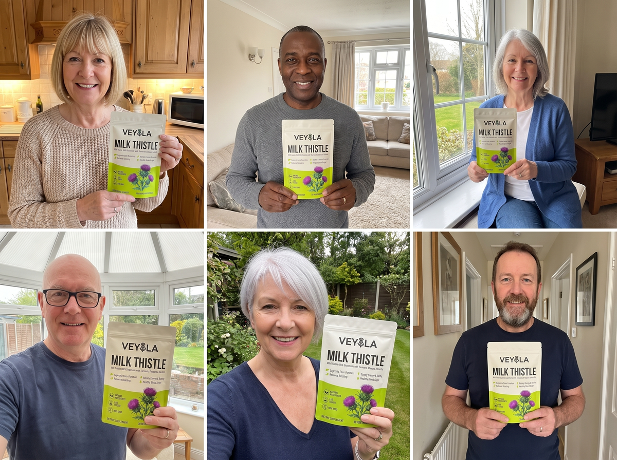 Six people in their fifties and sixties at home holding Veyola pouches