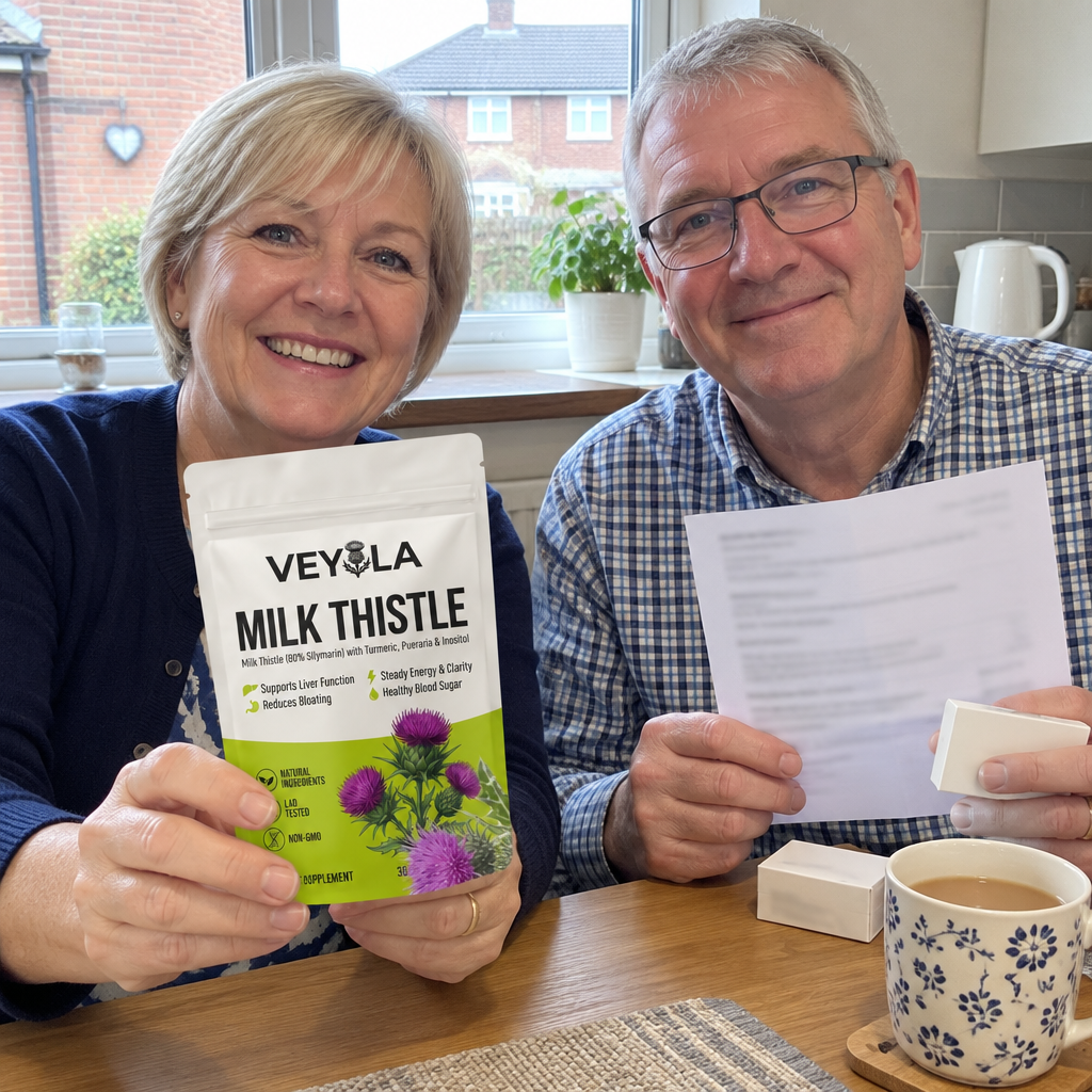 Couple around 60 at the kitchen table with a cholesterol letter and a pouch of Veyola