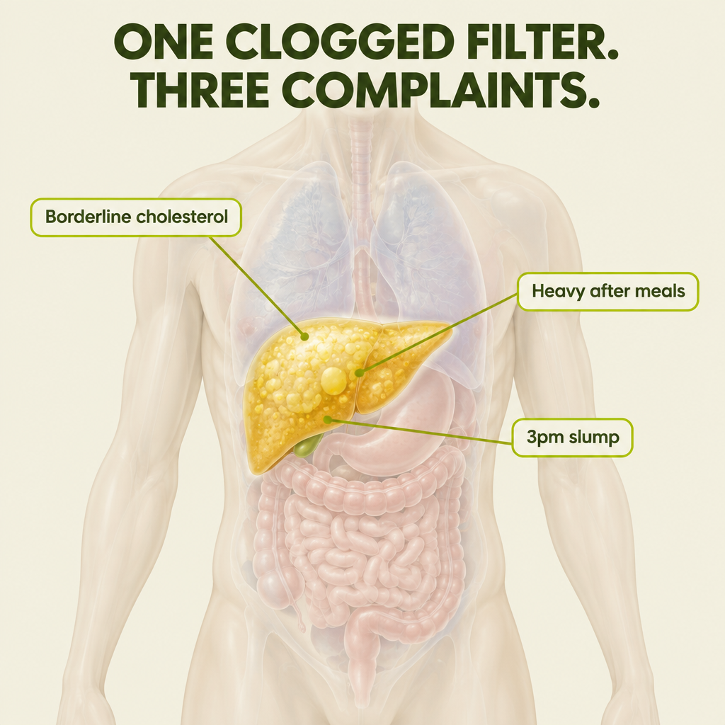 Illustration of one fatty liver linked to borderline cholesterol, heavy meals and a 3pm slump