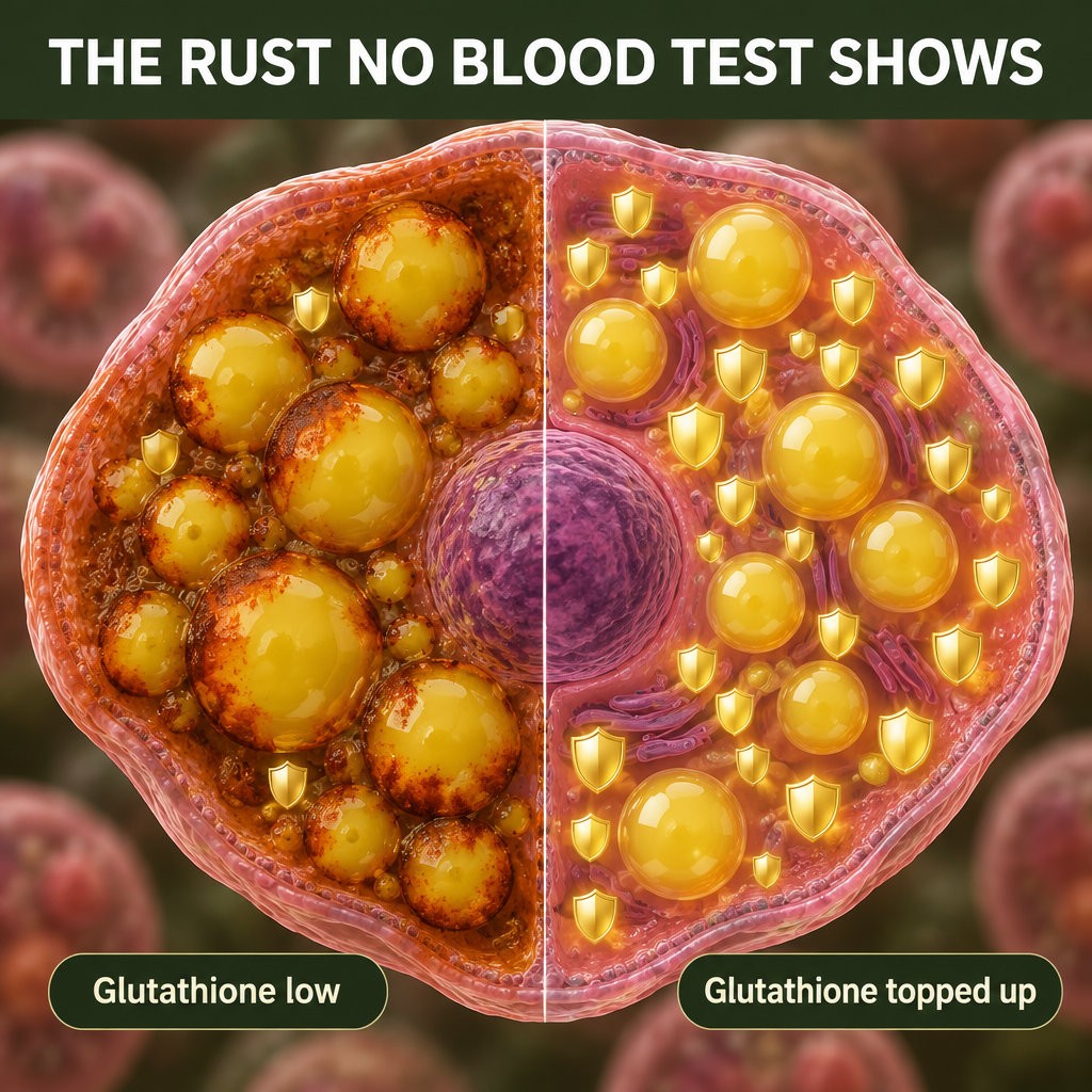 Liver cell with rusting fat droplets next to a clean cell with glutathione