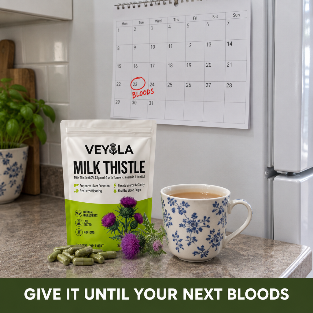 Calendar with the next blood test circled and the Veyola pouch on the worktop