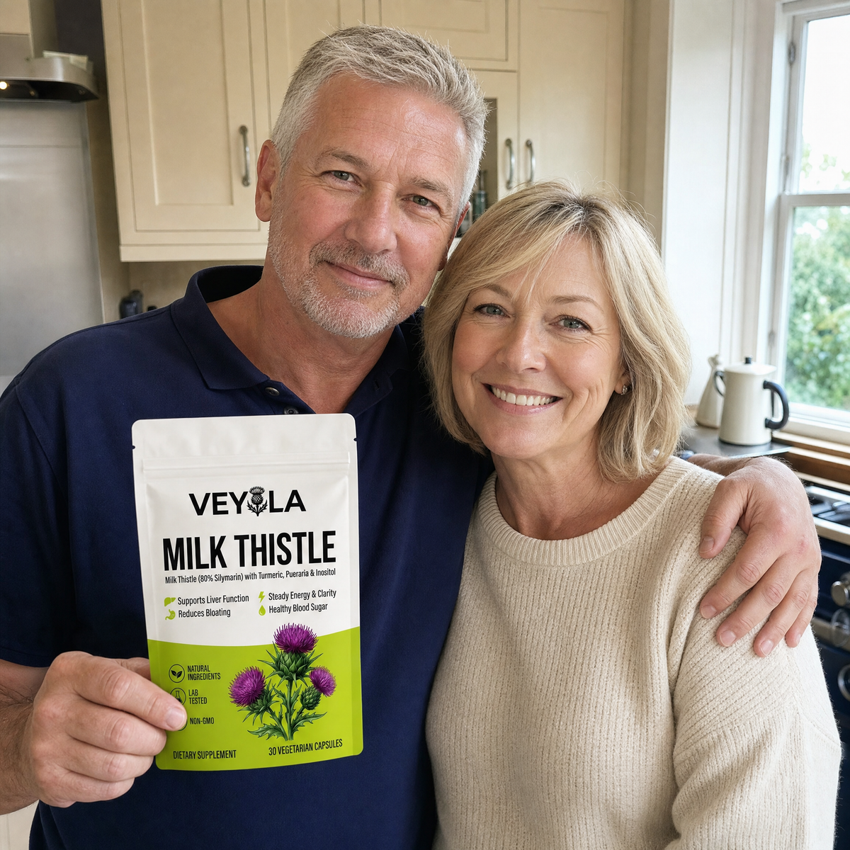 British man in his late fifties with his wife in the kitchen holding a pouch of Veyola milk thistle