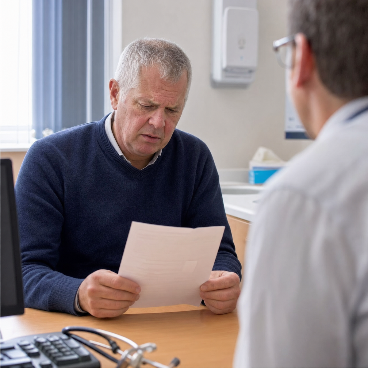 Man in his fifties reading his normal test results at the GP, puzzled