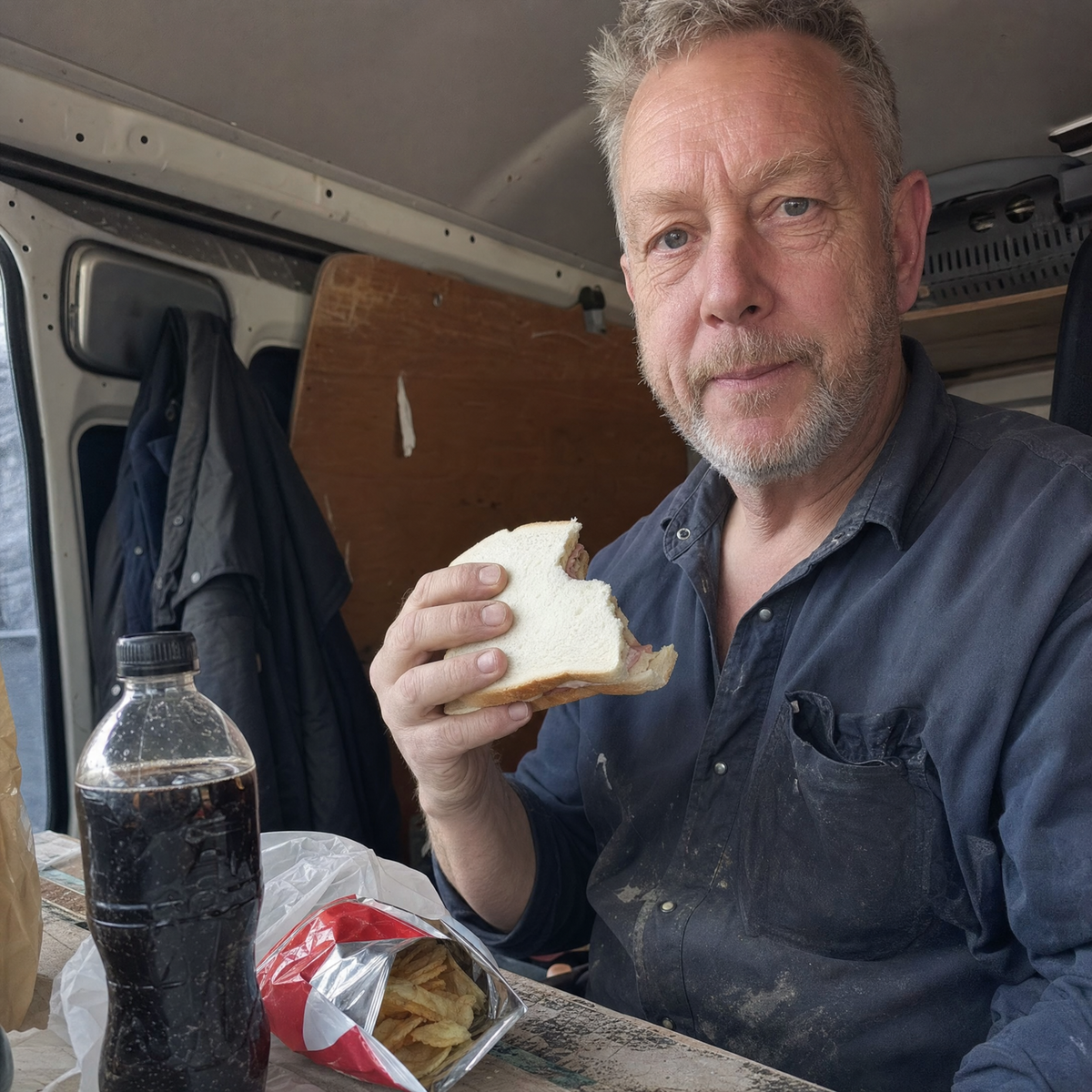 Man in his fifties eating a sandwich, crisps and fizzy drink in his van at lunch