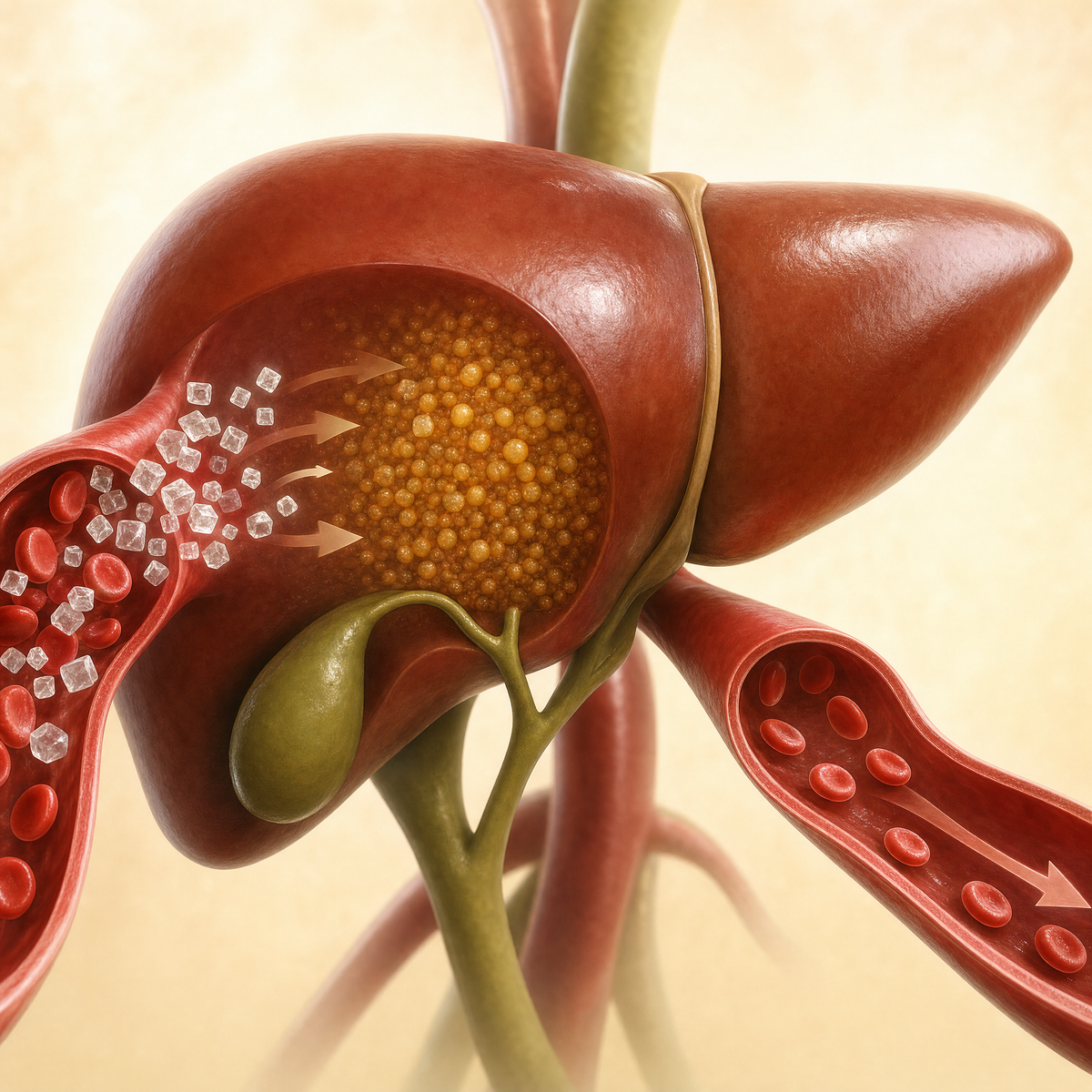 Illustration of the liver soaking up sugar from the blood and storing it