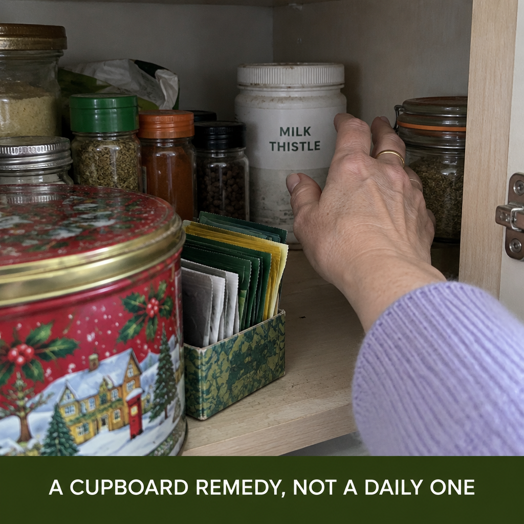 Hand reaching for a forgotten milk thistle tub at the back of the cupboard