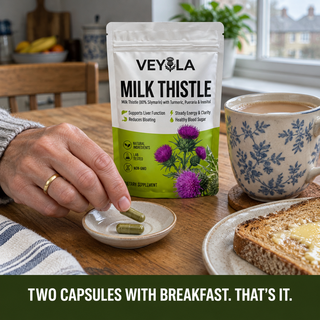 Veyola pouch and two capsules at breakfast