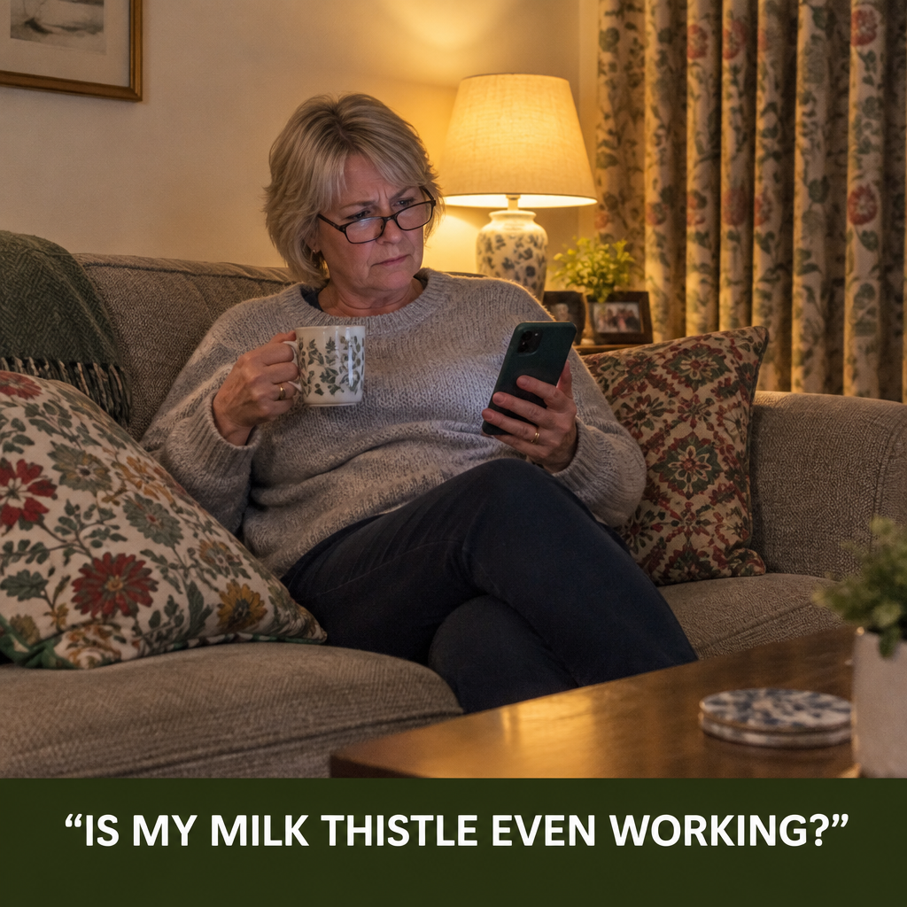 Woman on the sofa wondering if her milk thistle is working