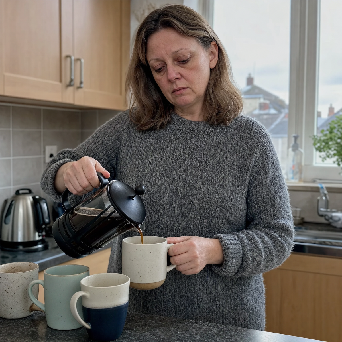 Tired woman pouring another coffee in the afternoon next to empty mugs