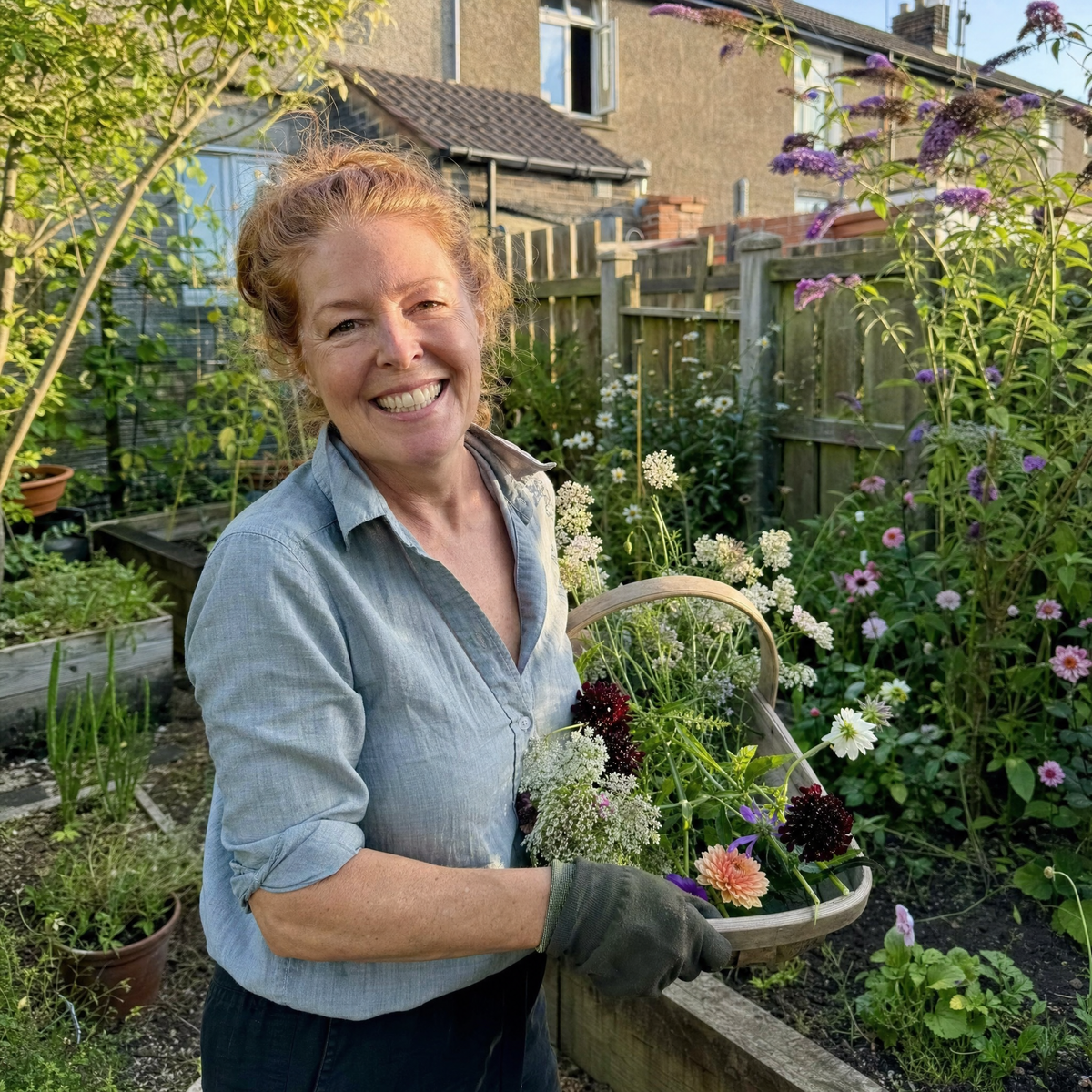 Woman in her fifties full of energy in her garden in the late afternoon