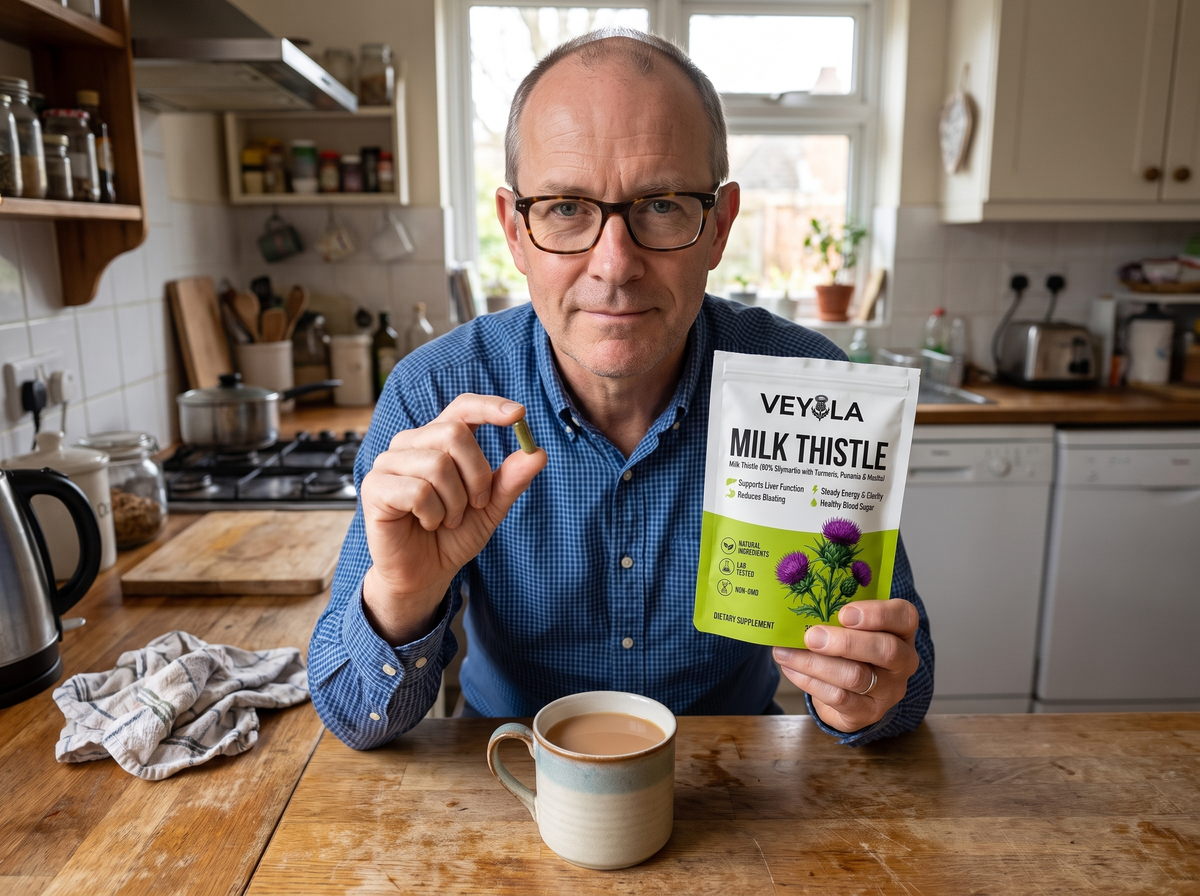 Man holding Veyola milk thistle pouch in his kitchen
