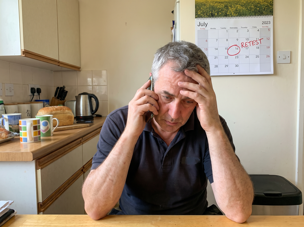 Man on the phone to his GP with the retest date on the calendar