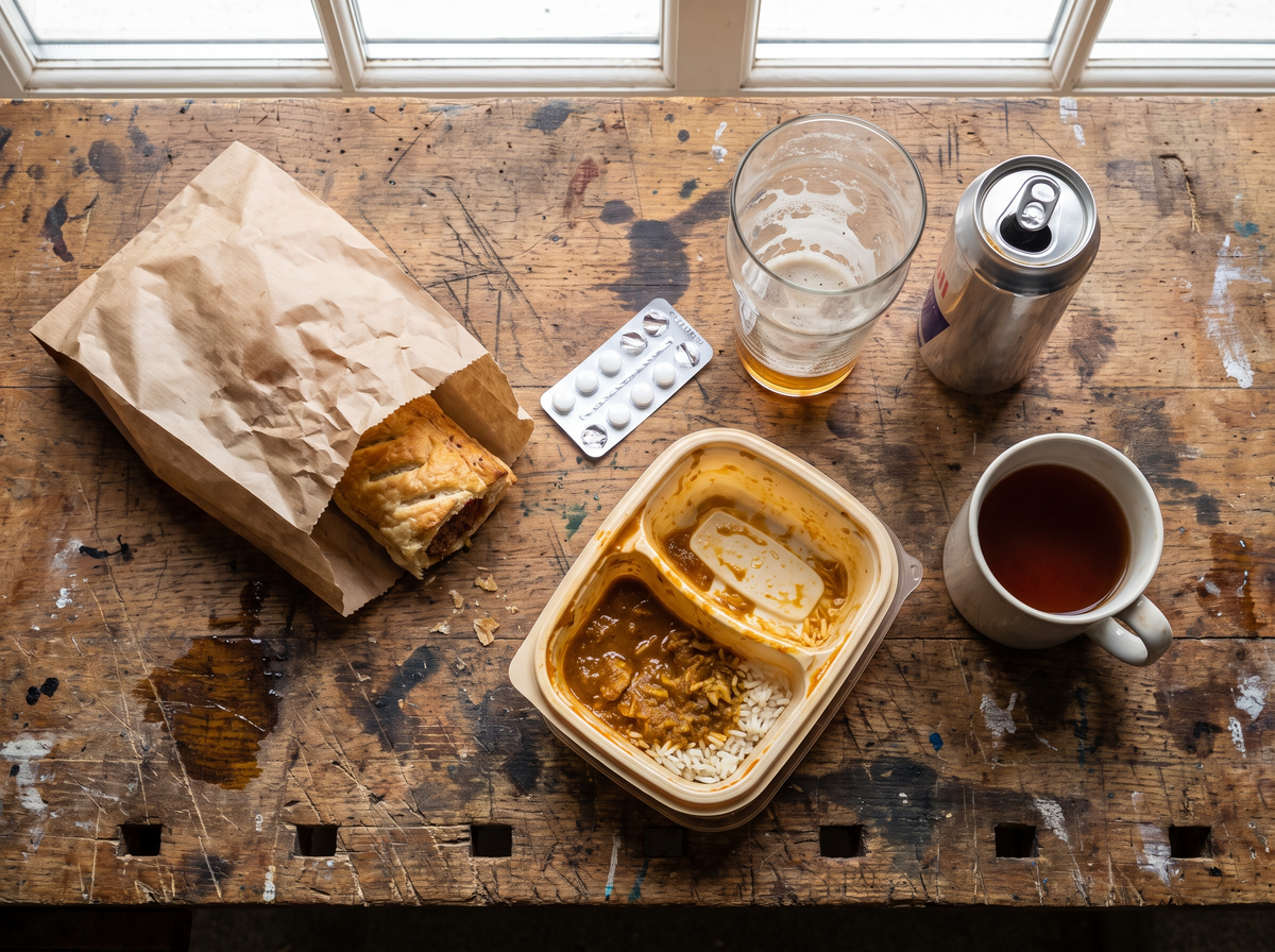 Sausage roll, curry, ibuprofen and a pint