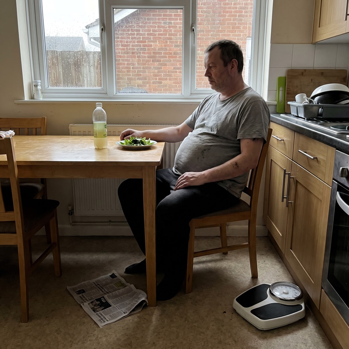 Man staring at a plate of salad, scales on the floor