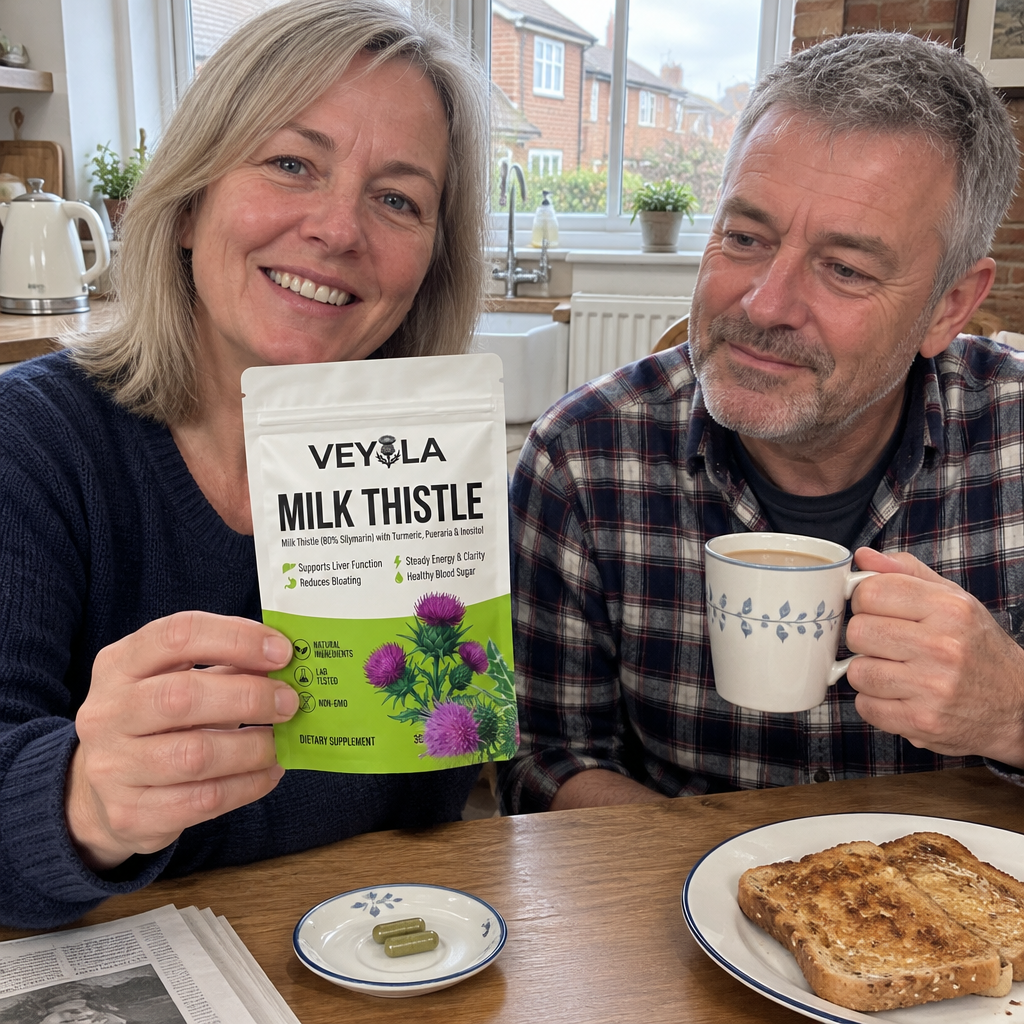 British couple in their fifties at the kitchen table with a pouch of Veyola milk thistle