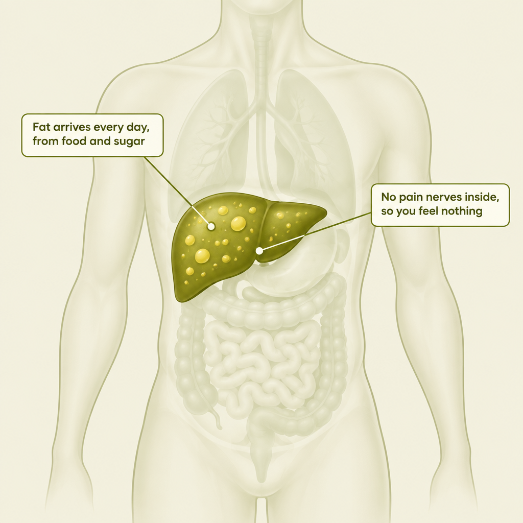 Illustration of a fatty liver inside the body