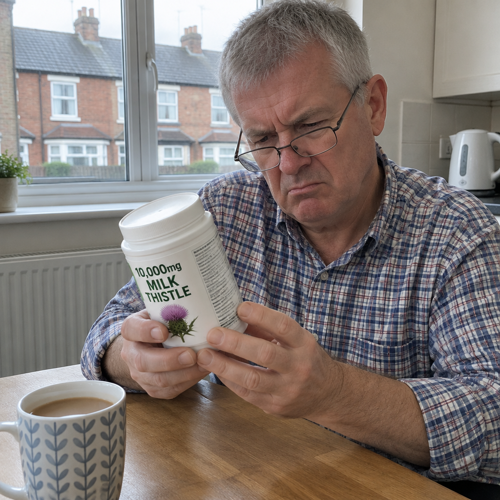Man turning a milk thistle tub around to read the label on the back