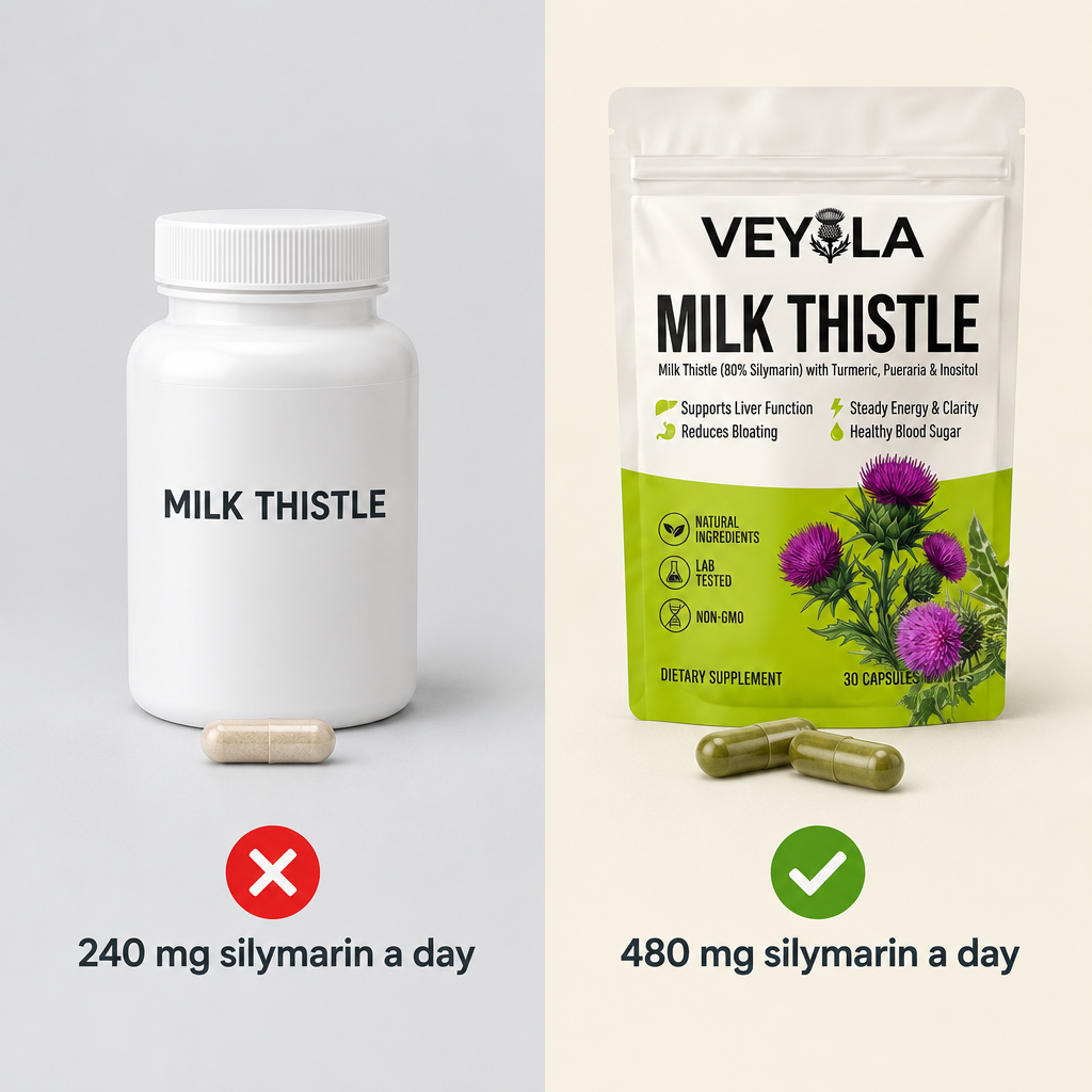 A typical capsule with 240 mg silymarin next to two Veyola capsules with 480 mg