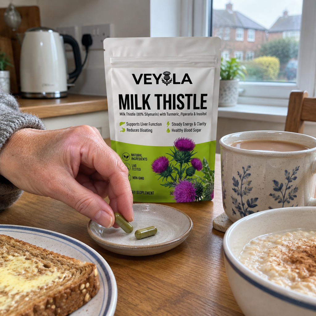 Veyola pouch on the breakfast table with two olive-green capsules and a mug of tea