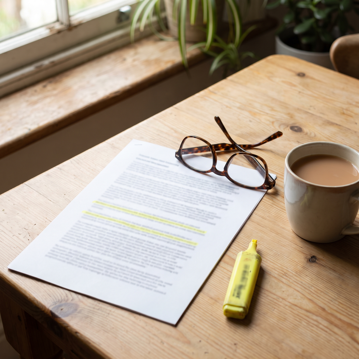 Blood test letter with two lines highlighted, reading glasses and a mug of tea