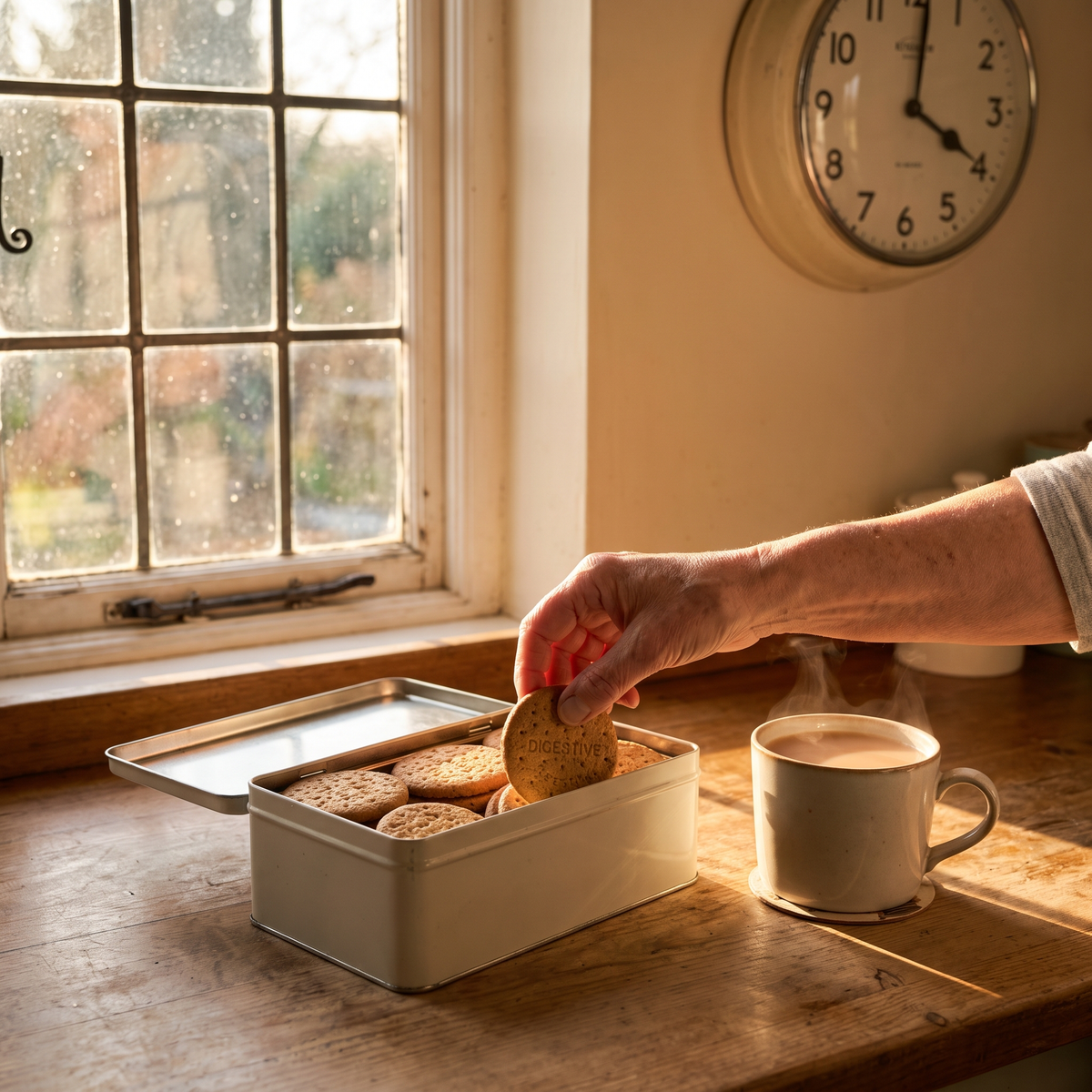 Biscuit tin and a mug of tea at four o’clock