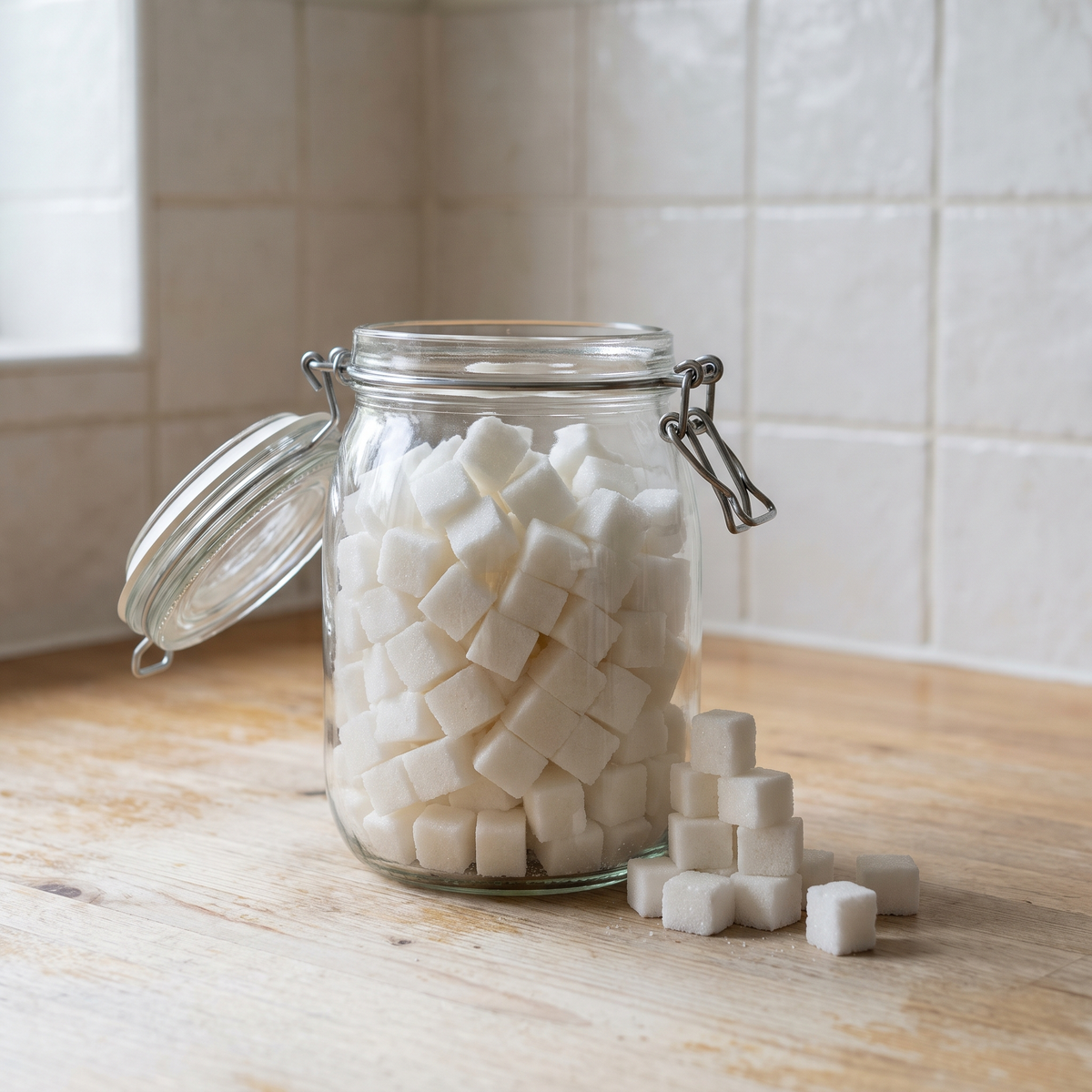 Glass jar filled with sugar cubes, more spilled beside it