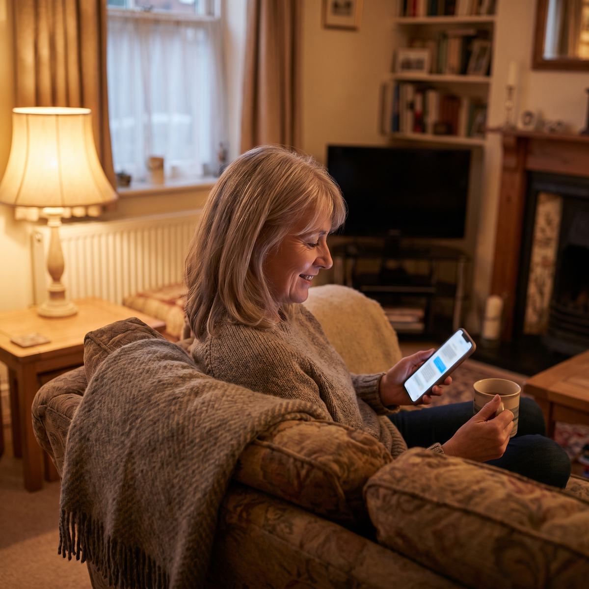 Woman reading a health forum on her phone with a mug of tea