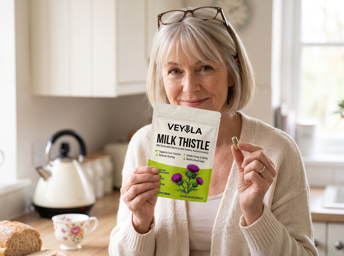 Woman holding Veyola milk thistle pouch in her kitchen