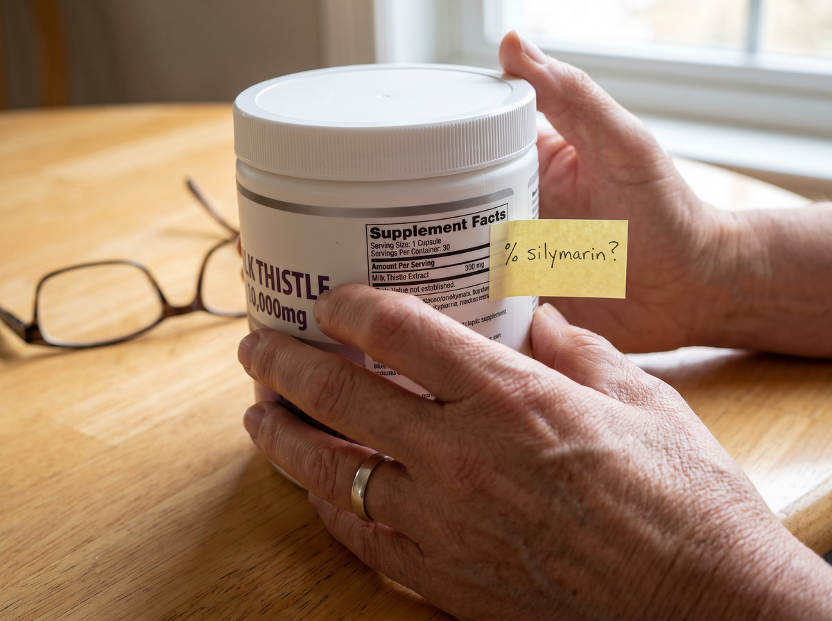 Reading the back of a milk thistle tub