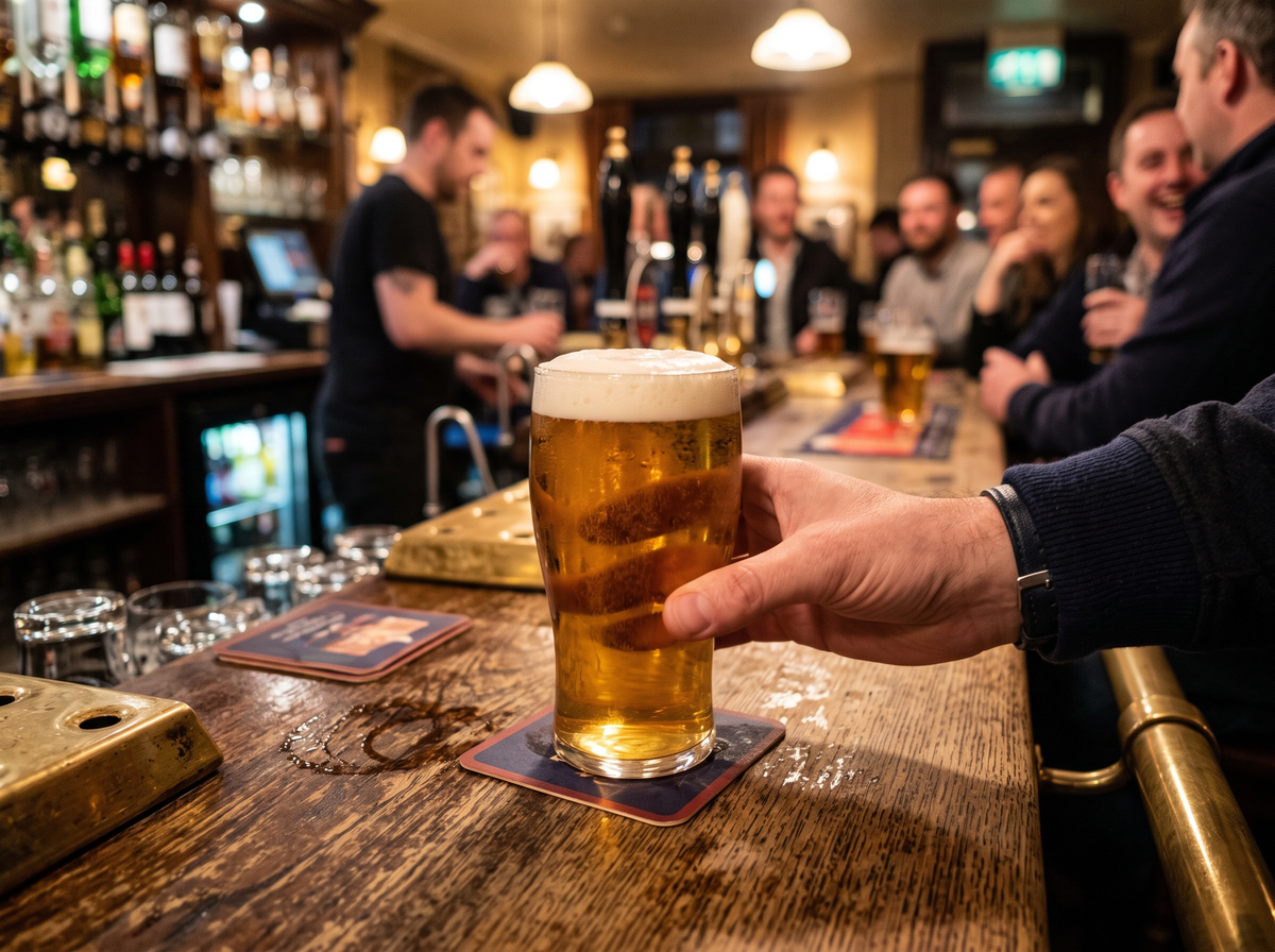 A pint being slid across the pub bar