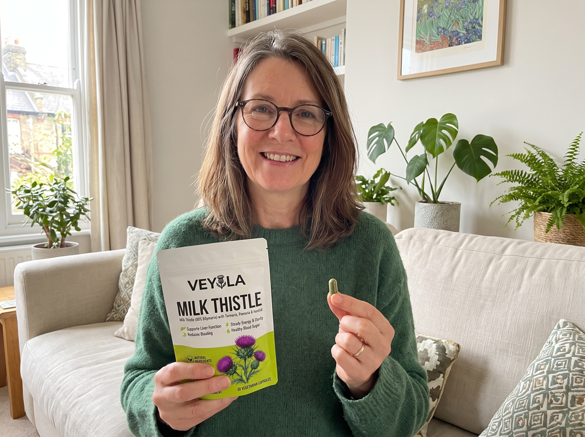 Woman holding Veyola milk thistle pouch in her living room