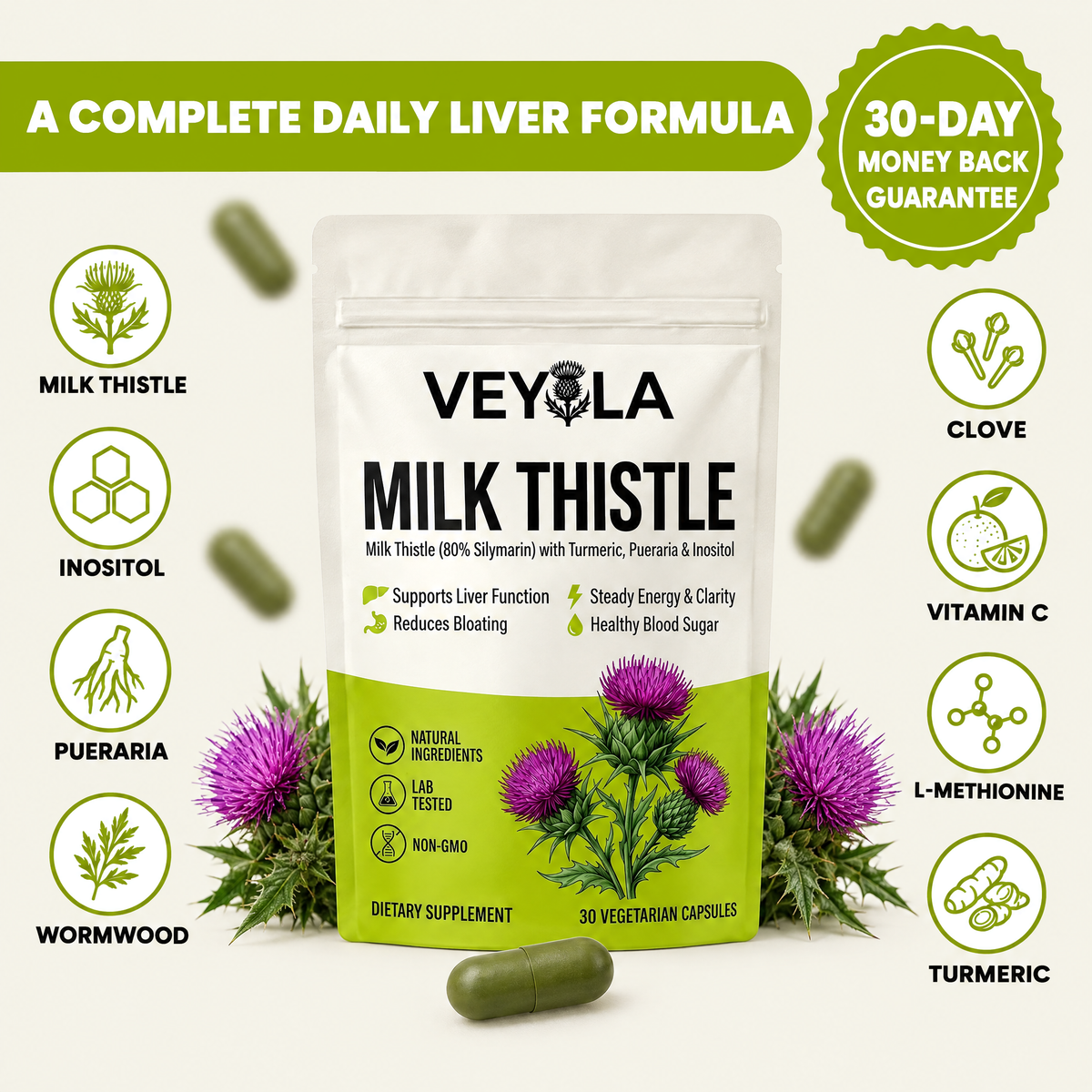 Veyola Milk Thistle pouch with its eight active ingredients and 30-day money back guarantee