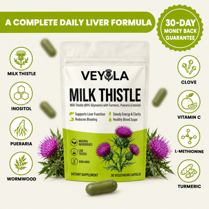 Veyola Milk Thistle pouch with its eight active ingredients and 30-day money back guarantee
