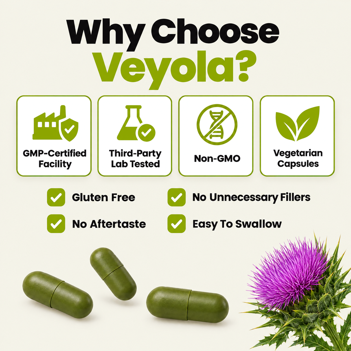 Why choose Veyola: GMP-certified facility, third-party lab tested, non-GMO, vegetarian capsules