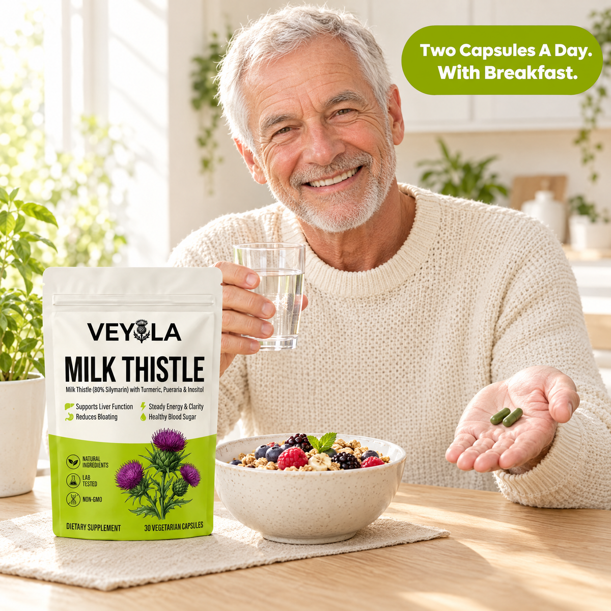 Man taking two Veyola capsules with breakfast