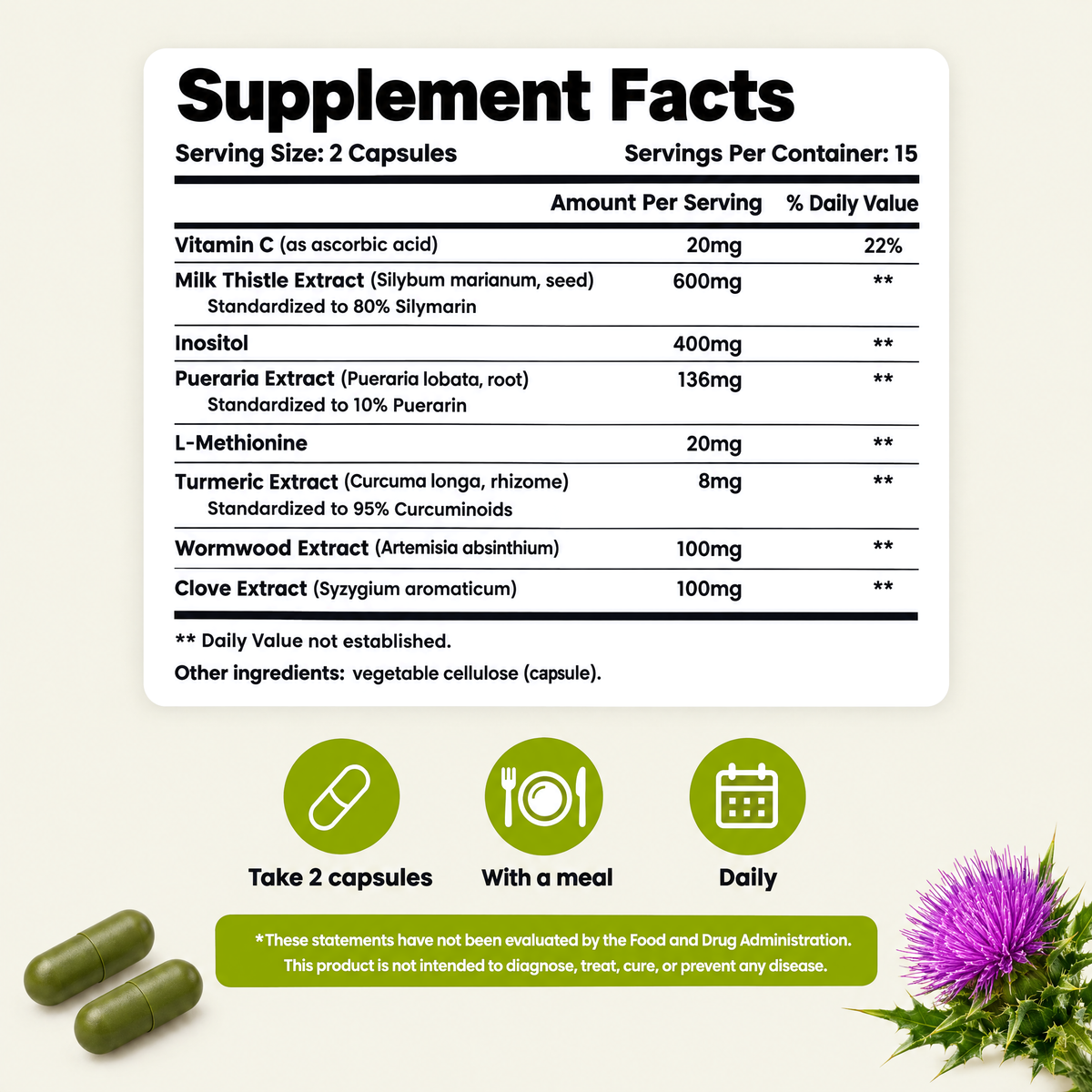 Veyola Supplement Facts: serving size 2 capsules, 15 servings per container